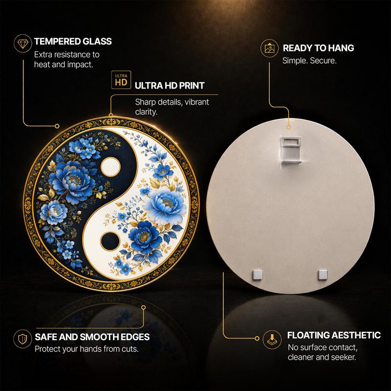 Floral Yin Yang — tempered glass, ultra HD print, ready to hang