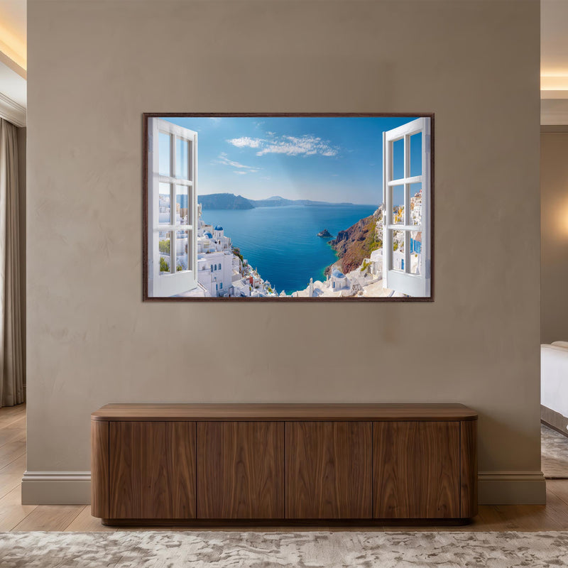 Santorini Window View with walnut frame