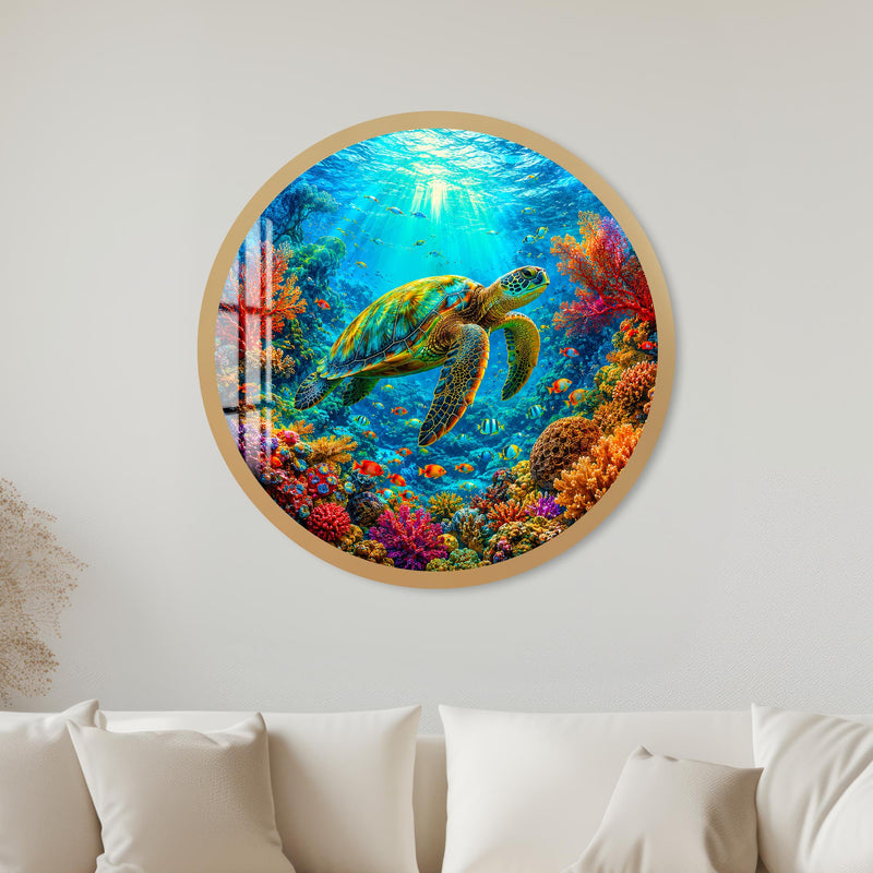 Vibrant Coral Sea Turtle with gold frame