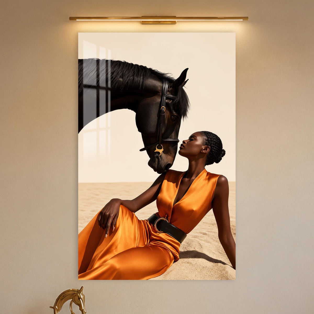 Artronauts Glass Print Woman With Black Horse Glass Wall Art