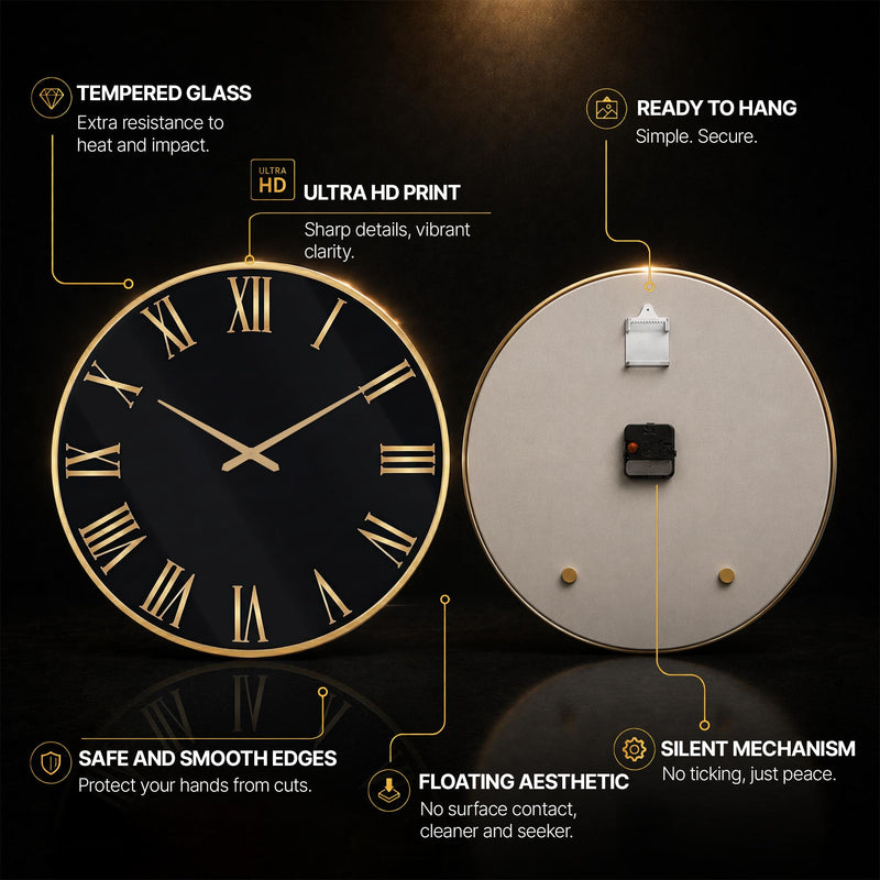 Golden Roman Numerals — tempered glass, ultra HD print, ready to hang