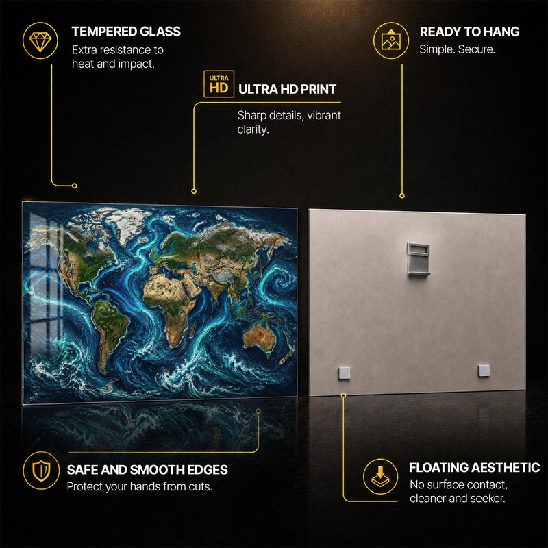 Ocean Currents World Map — tempered glass, ultra HD print, ready to hang