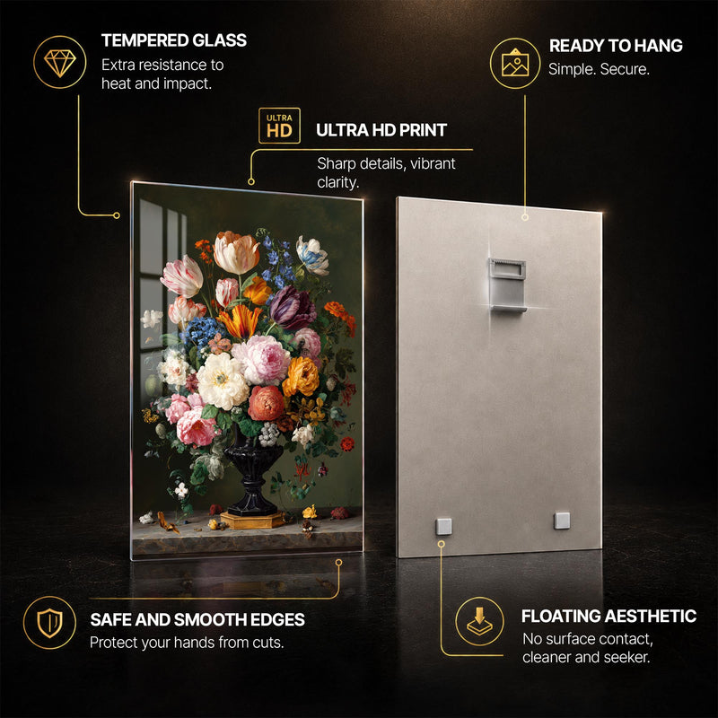 Midnight Floral Opulence — tempered glass, ultra HD print, ready to hang