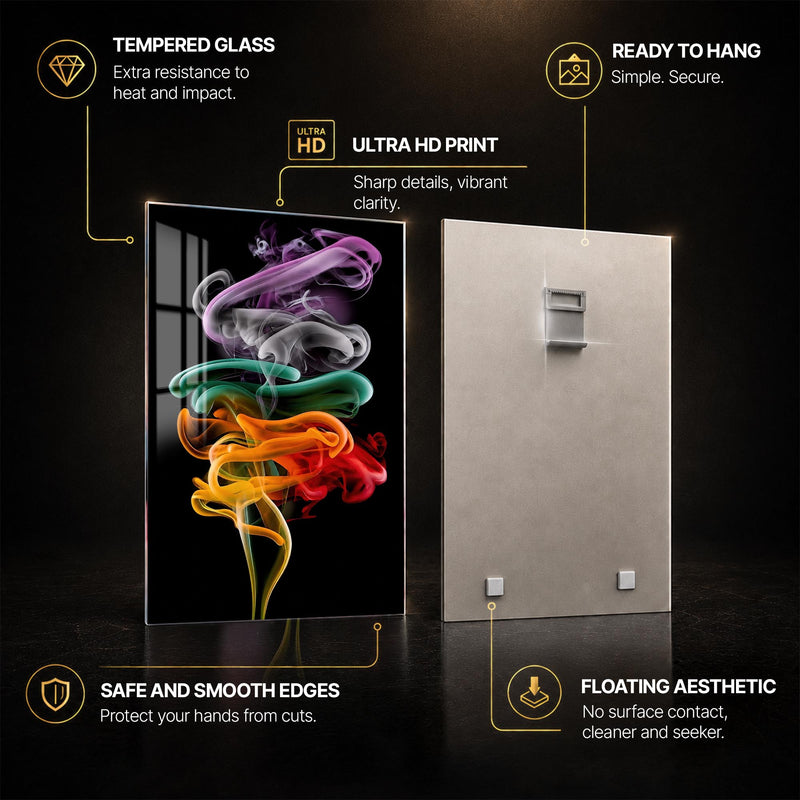 Chromatic Smoke Ribbons — tempered glass, ultra HD print, ready to hang