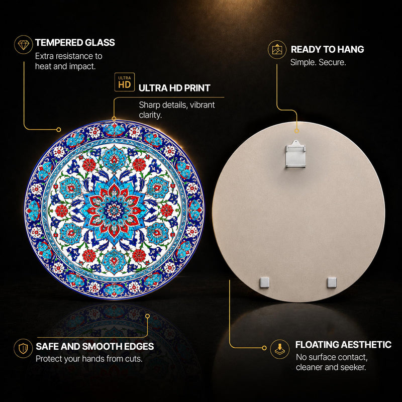 Iznik Floral Medallion — tempered glass, ultra HD print, ready to hang
