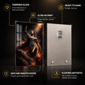 Fiery Lady Justice — tempered glass, ultra HD print, ready to hang