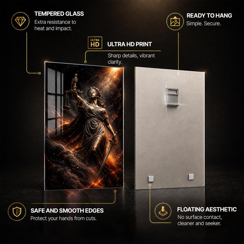Fiery Lady Justice — tempered glass, ultra HD print, ready to hang