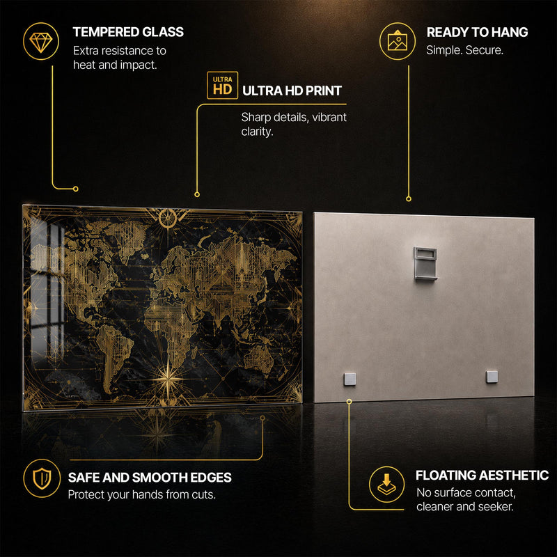 Gilded World Map — tempered glass, ultra HD print, ready to hang
