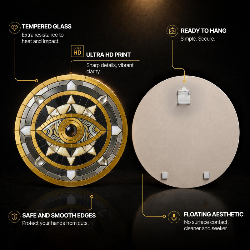 Art Deco Metallic Evil Eye — tempered glass, ultra HD print, ready to hang