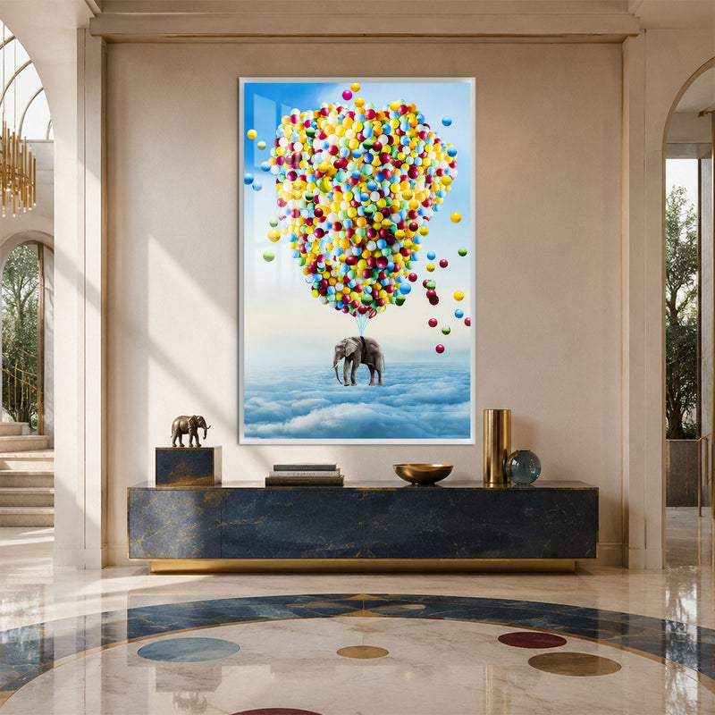 Artronauts Glass Print 12x18 cm | 4.7"x7.1" / White Elephant Balloon Adventure Glass Wall Art