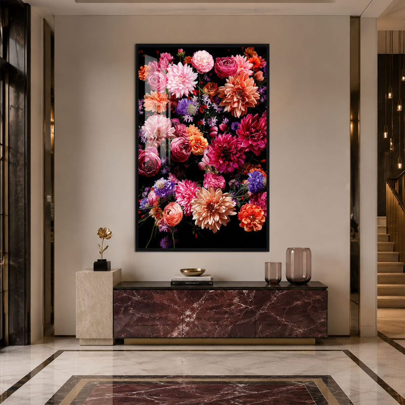 Artronauts Glass Print 12x18 cm | 4.7"x7.1" / Black Midnight Dahlia Garden Glass Wall Art