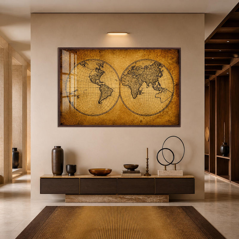 Artronauts Glass Print 18x12 cm | 7.1"x4.7" / Walnut Antique World Map Glass Wall Art