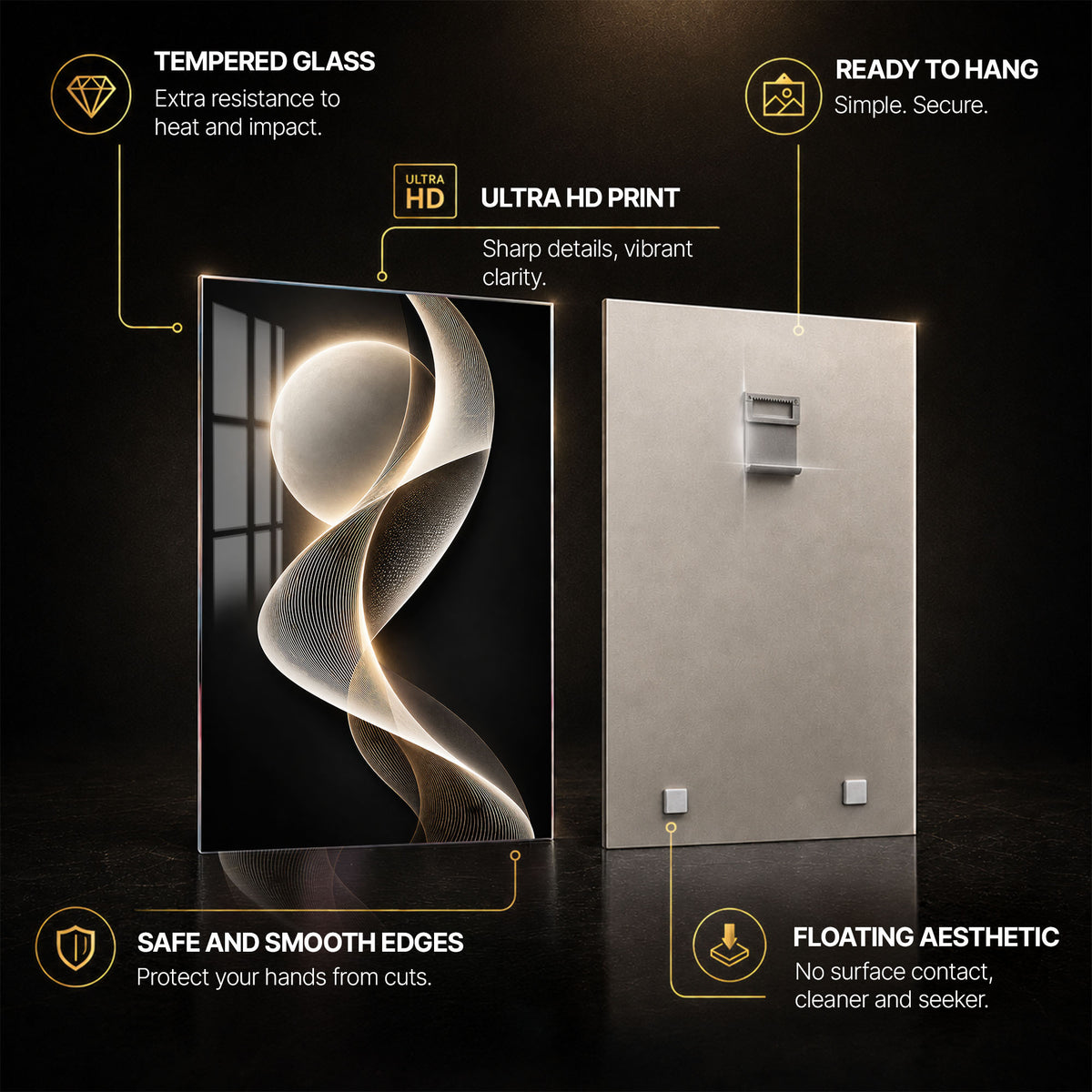 Golden Flow — tempered glass, ultra HD print, ready to hang