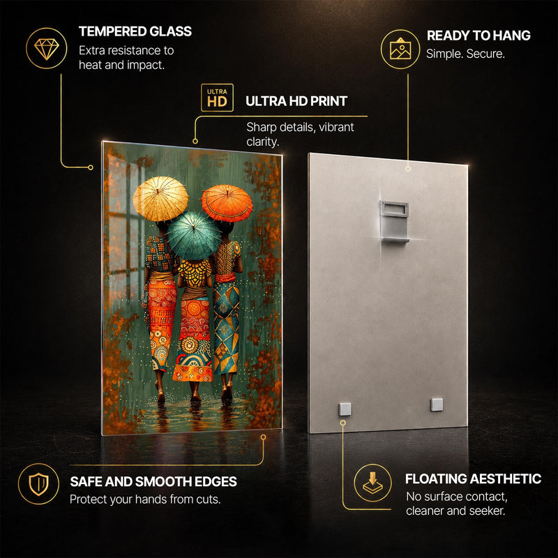 Umbrellas In The Rain — tempered glass, ultra HD print, ready to hang