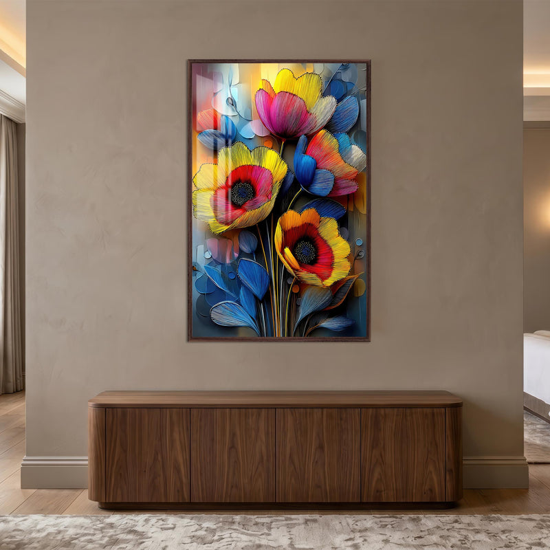 Vibrant Poppy Bouquet with walnut frame