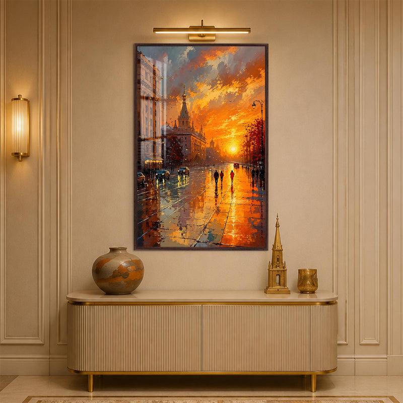 Rainy City Sunset with walnut frame
