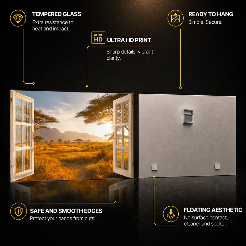 Golden Savanna Window — tempered glass, ultra HD print, ready to hang
