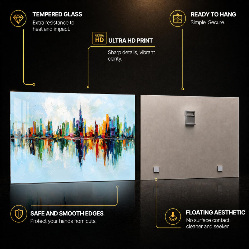 Vibrant Skyline Reflections — tempered glass, ultra HD print, ready to hang