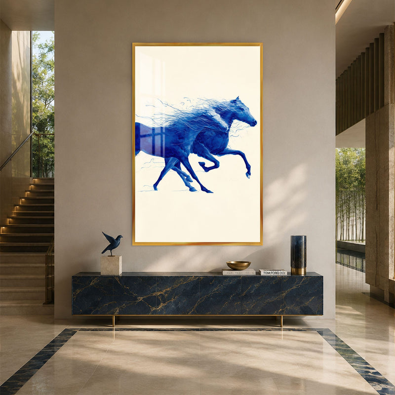 Artronauts Glass Print 12x18 cm | 4.7"x7.1" / Gold Blue Horses in Motion Glass Wall Art