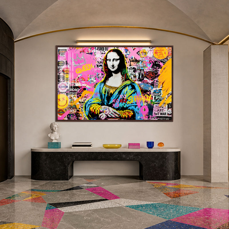 Artronauts Glass Print 18x12 cm | 7.1"x4.7" / Walnut Graffiti Mona Lisa Glass Wall Art