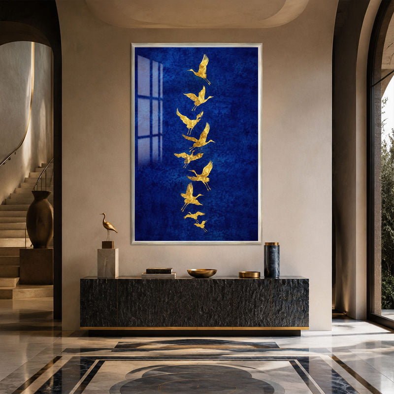 Artronauts Glass Print 12x18 cm | 4.7"x7.1" / Silver Golden Cranes In Flight Glass Wall Art