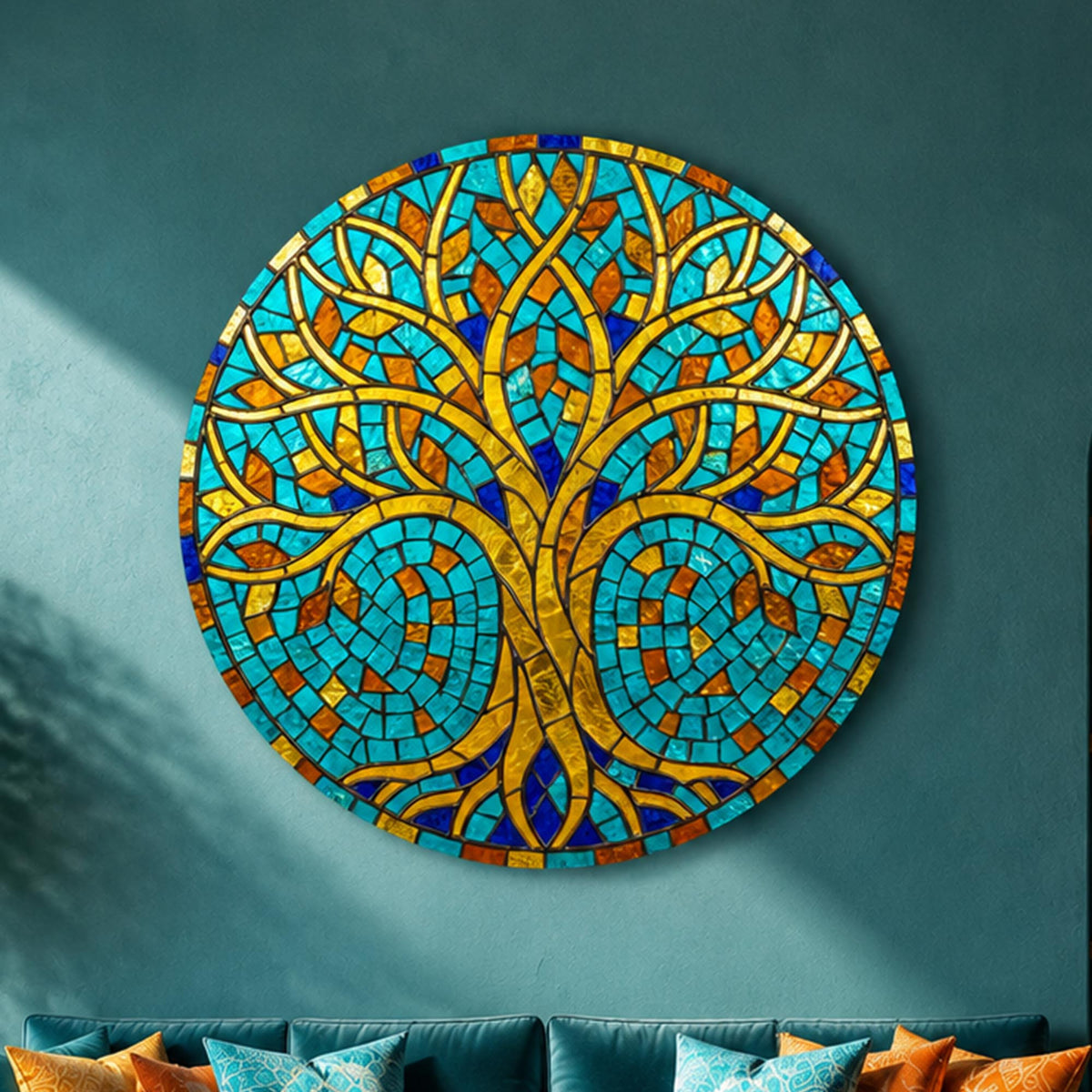 Turquoise Mosaic Tree — tempered glass, ultra HD print, ready to hang