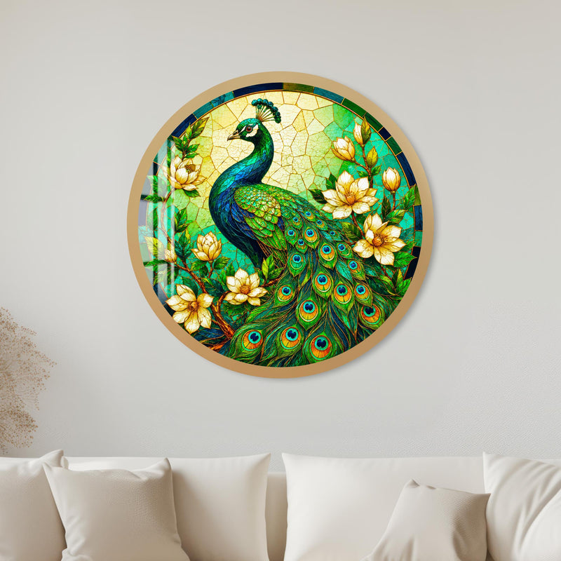 Stained Glass Peacock with gold frame