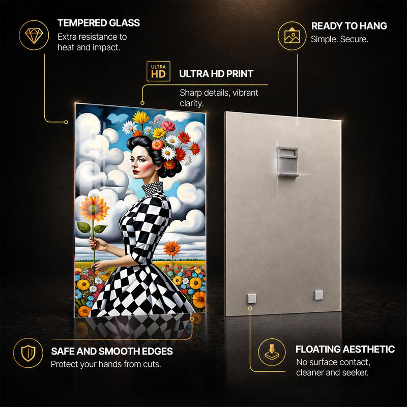 Checkered Floral Muse — tempered glass, ultra HD print, ready to hang