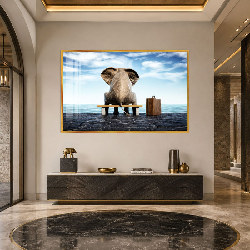 Artronauts Glass Print 18x12 cm | 7.1"x4.7" / Gold Elephant Waiting Seaside Glass Wall Art