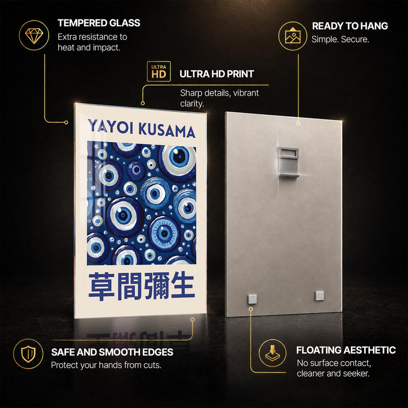 Kusama Evil Eye — tempered glass, ultra HD print, ready to hang
