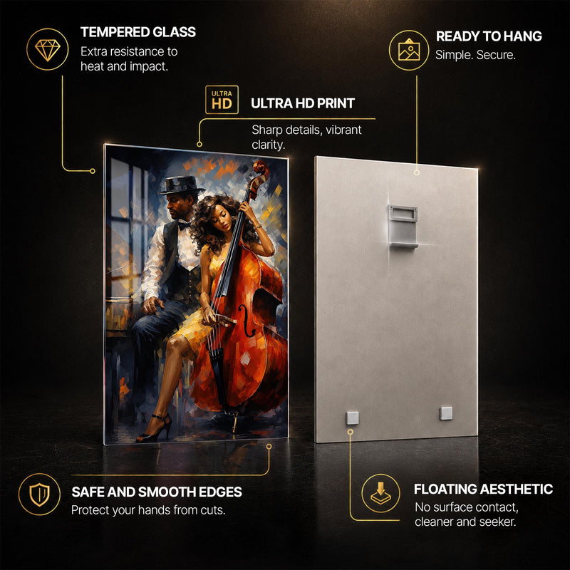 Elegant Bass Player — tempered glass, ultra HD print, ready to hang