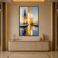 Golden Abstract Waterfront with walnut frame