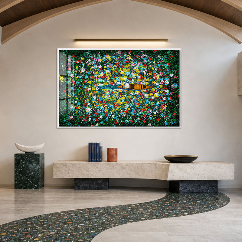 Artronauts Glass Print 18x12 cm | 7.1"x4.7" / White Boat Through Flower Field Glass Wall Art