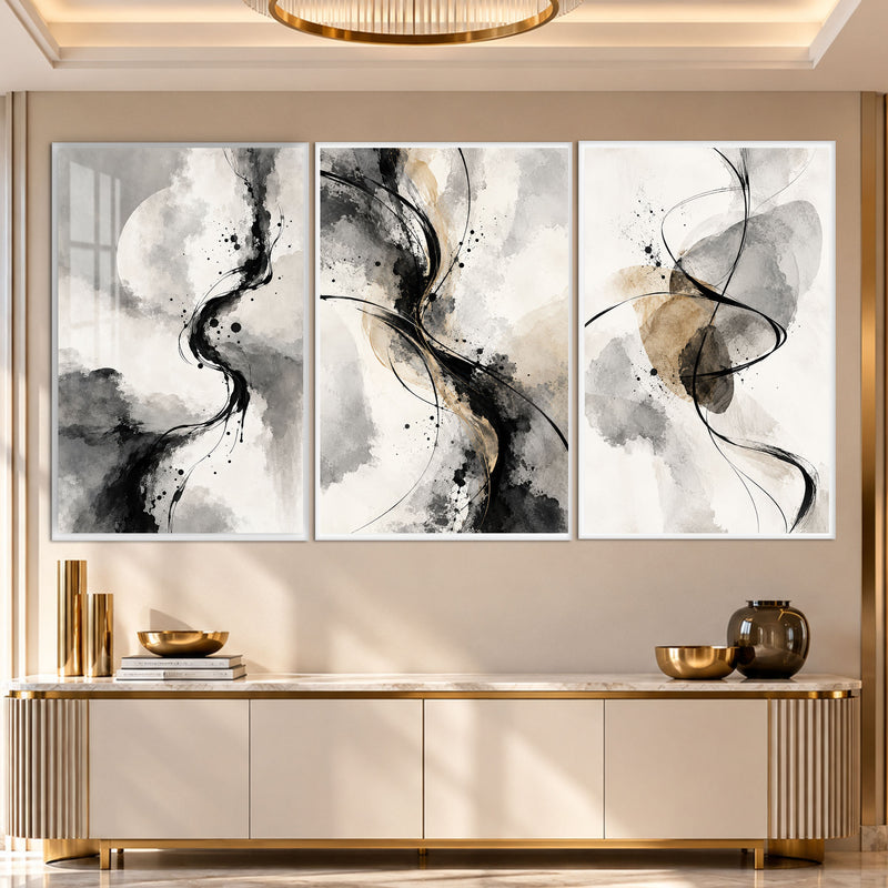 Abstract Ink Flow Triptych with white frame