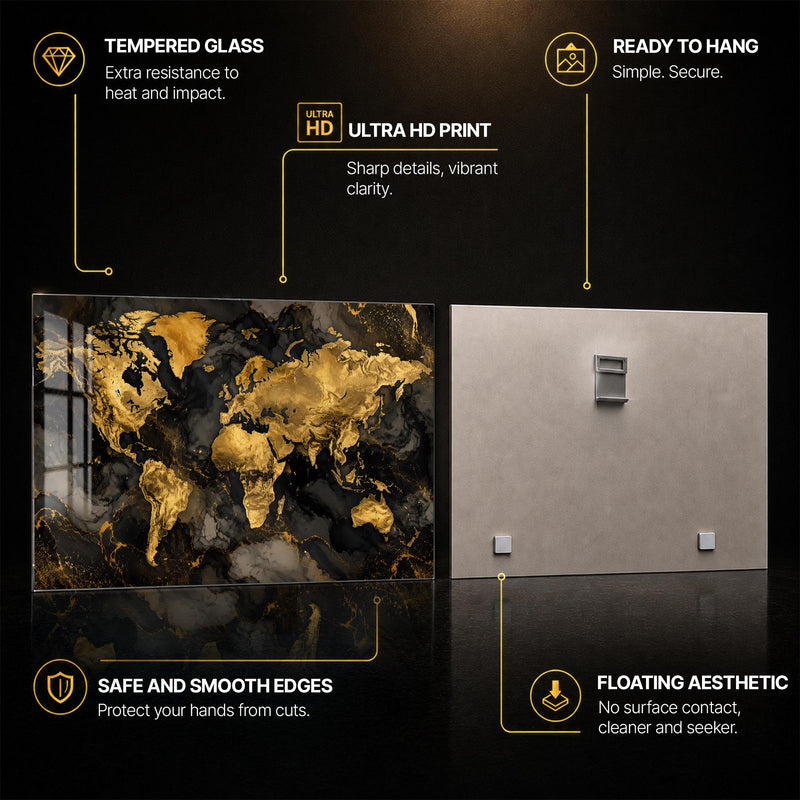 Golden Marble World Map — tempered glass, ultra HD print, ready to hang