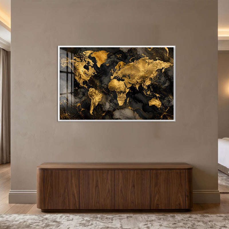 Golden Marble World Map with white frame