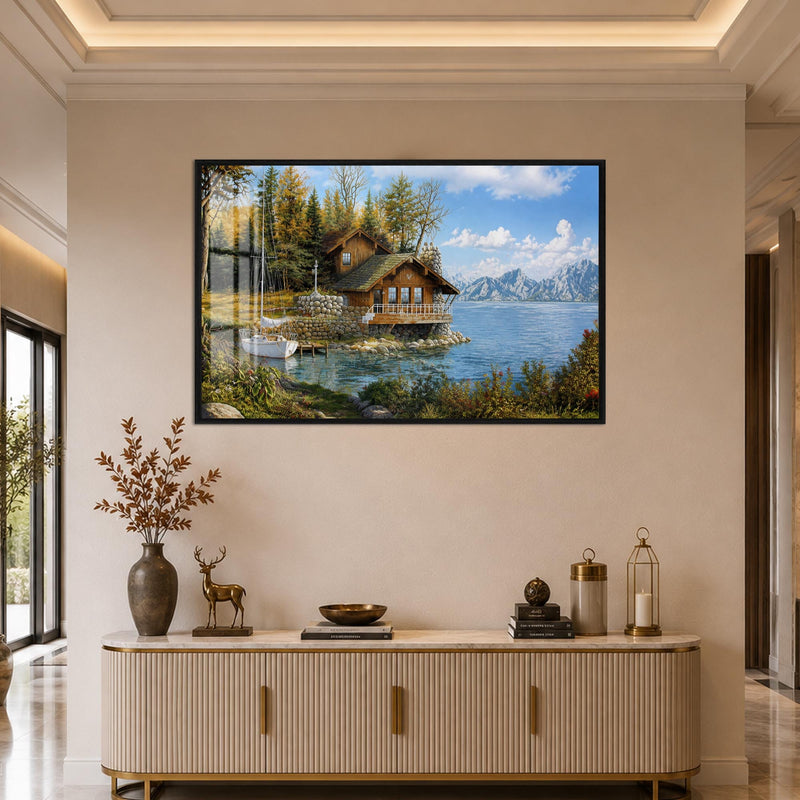 Lakeside Cabin Retreat with black frame