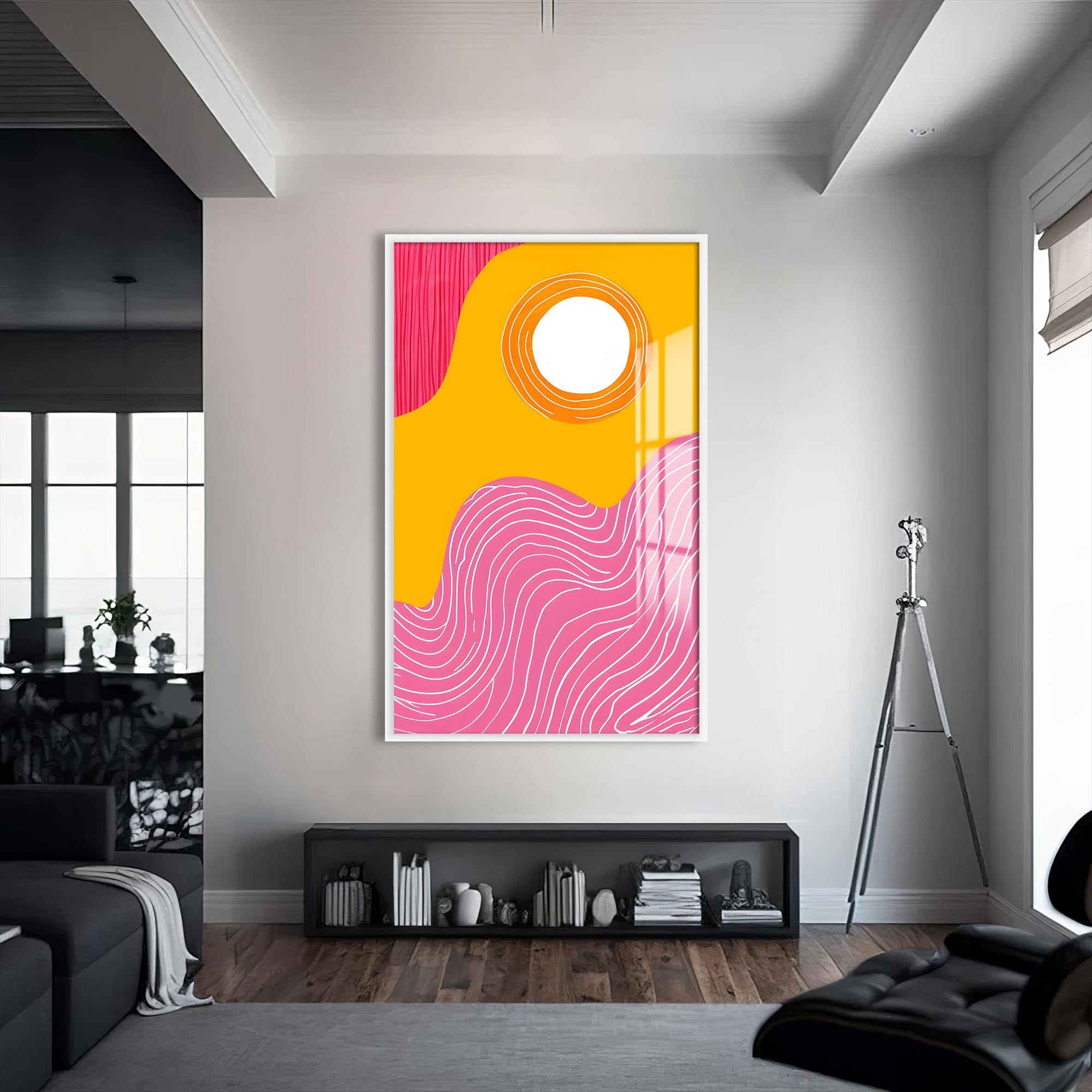 Artronauts Glass Print S | 72x46 cm | 28.3"x18.1" / White Sun & Waves - Abstract Tempered Glass Wall Art