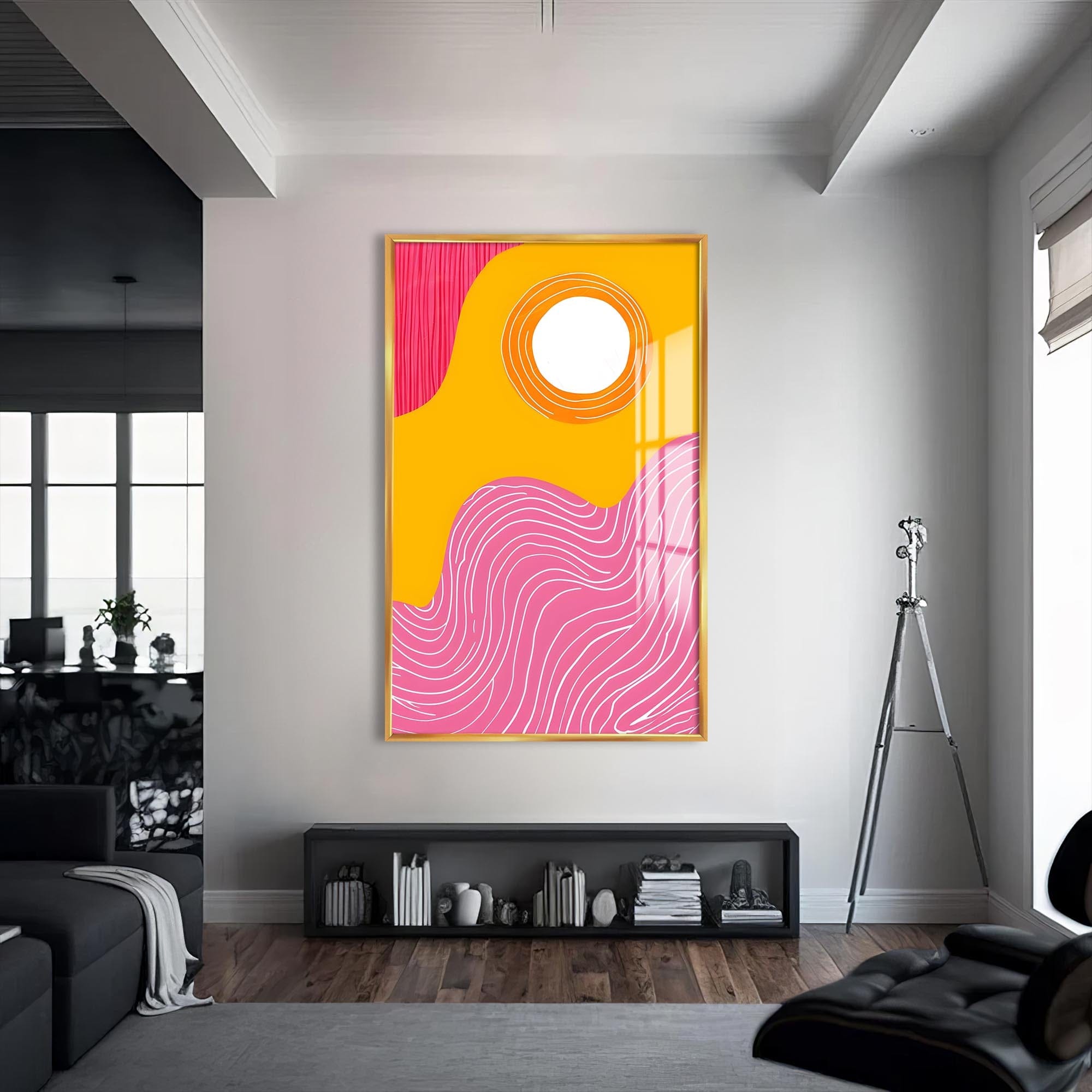 Artronauts Glass Print S | 72x46 cm | 28.3"x18.1" / Gold Sun & Waves - Abstract Tempered Glass Wall Art