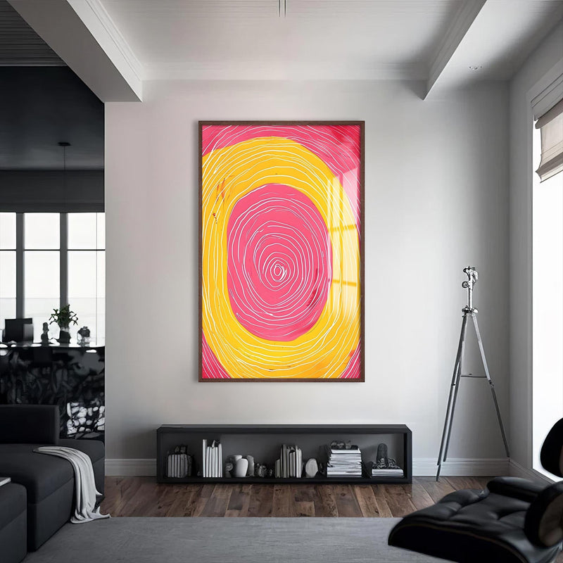Artronauts Glass Print S | 72x46 cm | 28.3"x18.1" / Walnut Abstract Pink & Yellow Spiral- Tempered Glass Wall Art