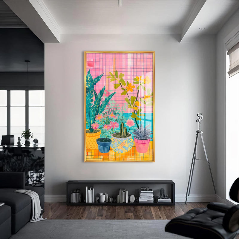Artronauts Glass Print S | 72x46 cm | 28.3"x18.1" / Gold Balcony Pots - Abstract Tempered Glass Wall Art