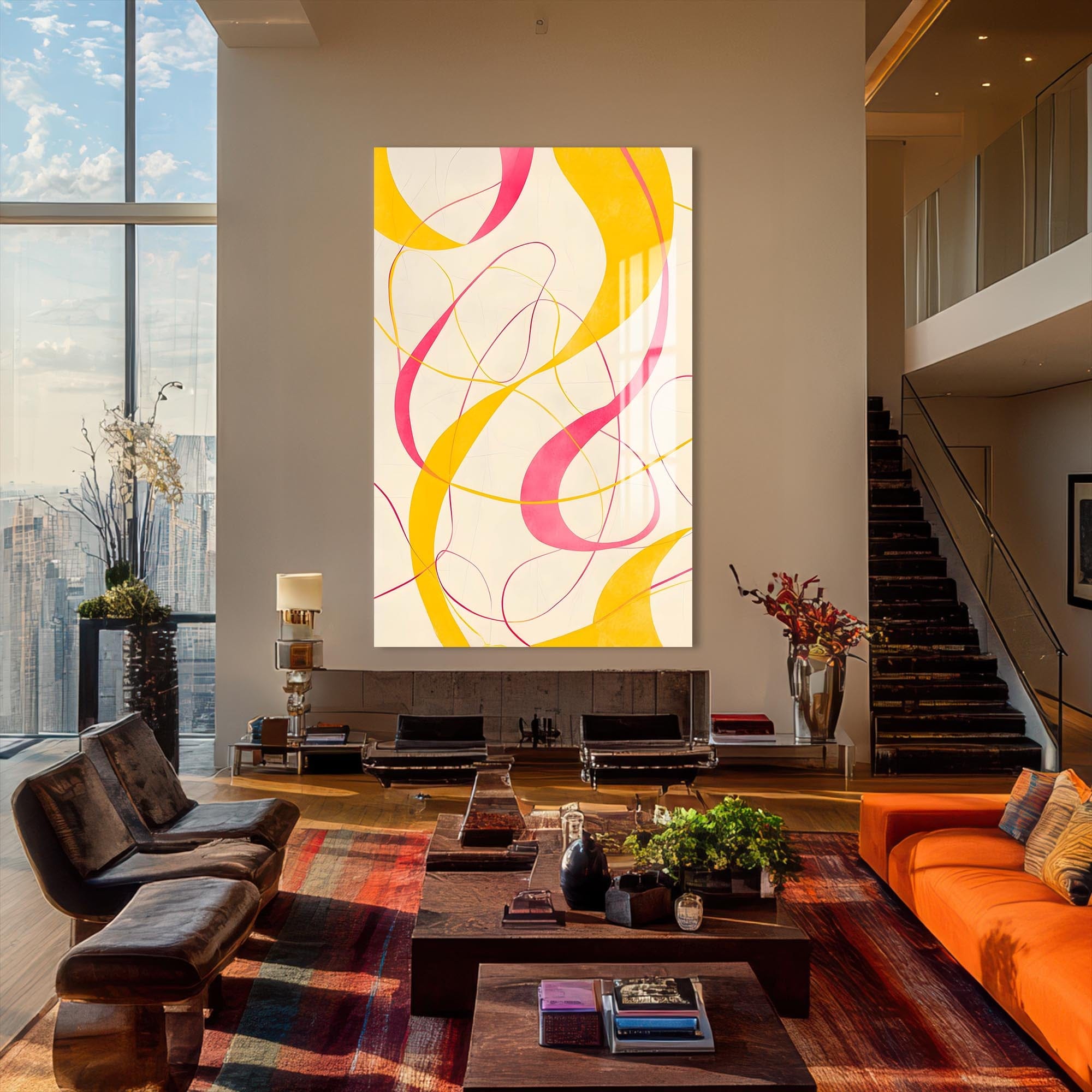 Artronauts Glass Print Yellow&Pink Curves -Abstract Tempered Glass Wall Art