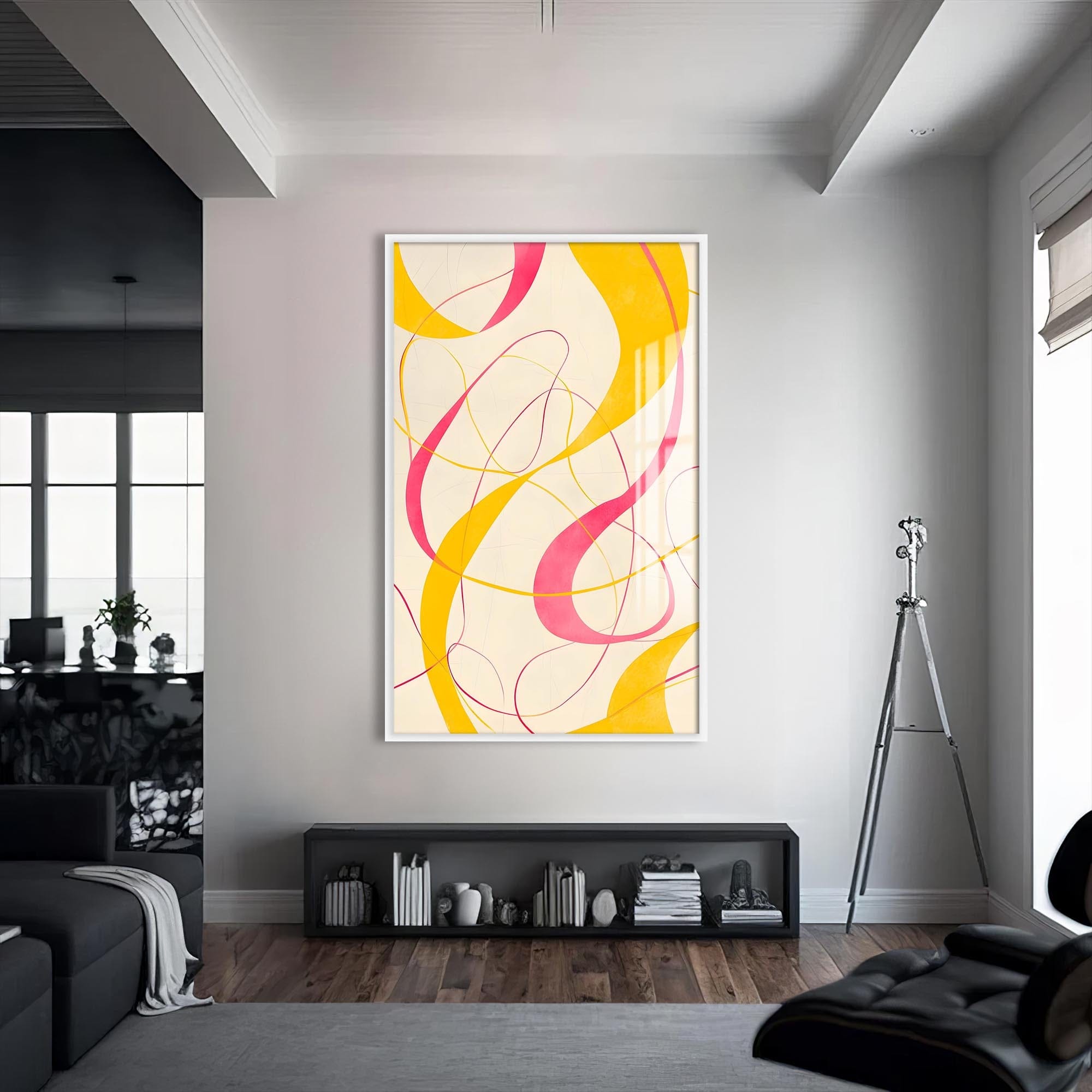 Artronauts Glass Print S | 72x46 cm | 28.3"x18.1" / White Yellow&Pink Curves -Abstract Tempered Glass Wall Art