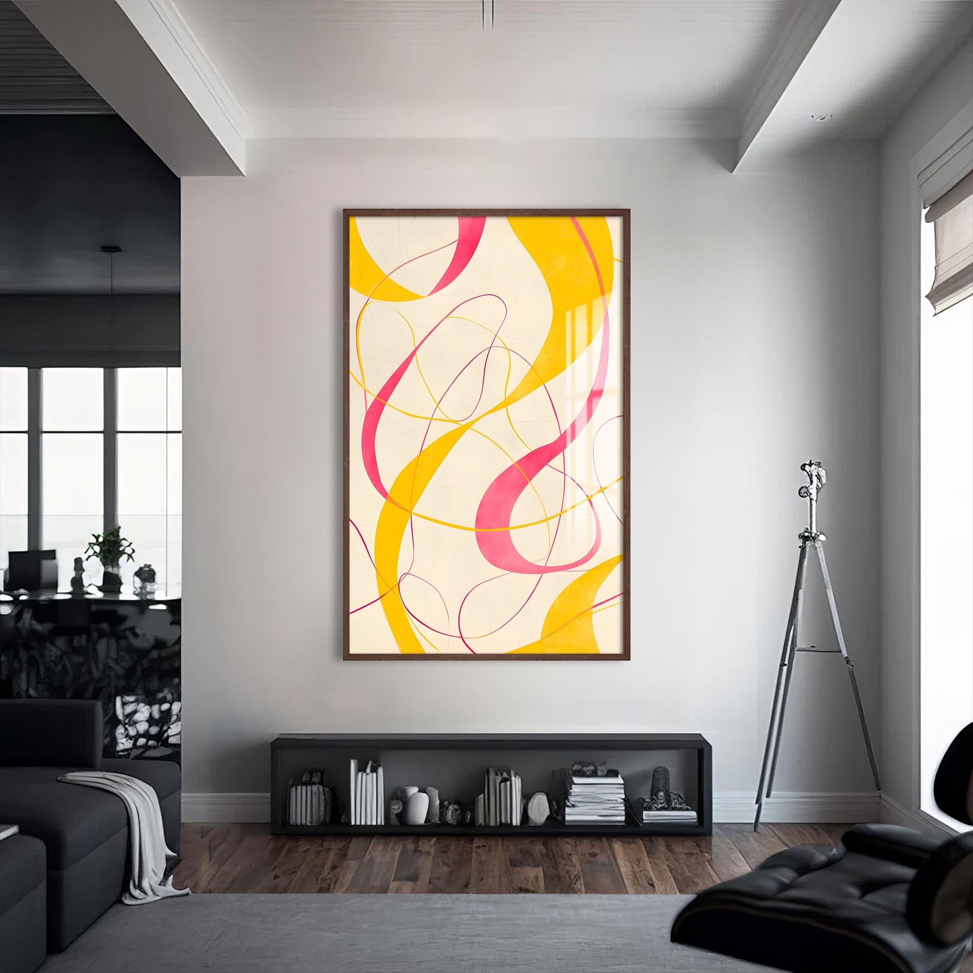 Artronauts Glass Print S | 72x46 cm | 28.3"x18.1" / Walnut Yellow&Pink Curves -Abstract Tempered Glass Wall Art