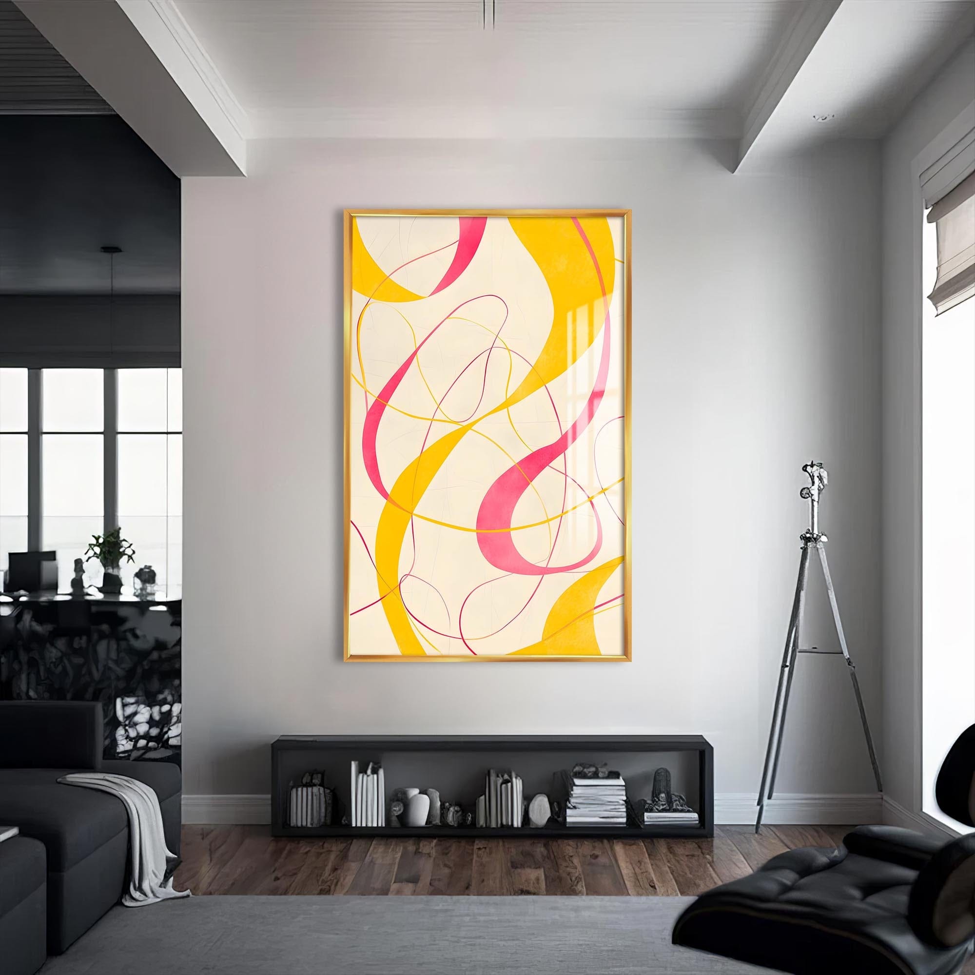 Artronauts Glass Print S | 72x46 cm | 28.3"x18.1" / Gold Yellow&Pink Curves -Abstract Tempered Glass Wall Art