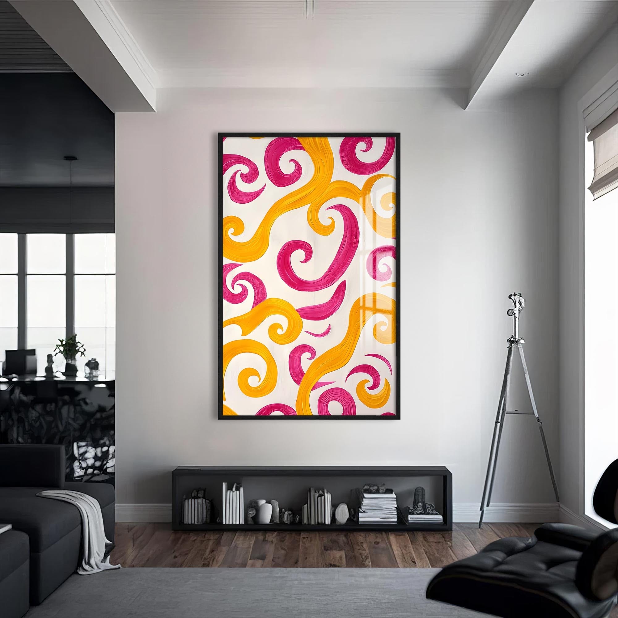 Artronauts Glass Print S | 72x46 cm | 28.3"x18.1" / Black Pink&Yellow Swirls - Abstract Tempered Glass Wall Art