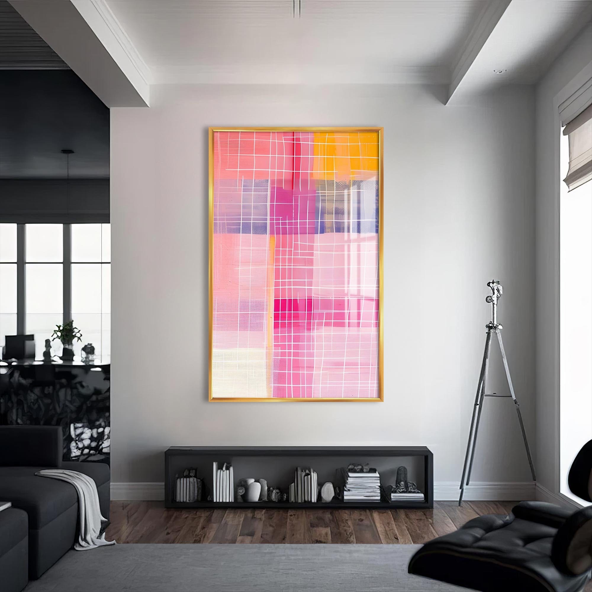 Artronauts Glass Print S | 72x46 cm | 28.3"x18.1" / Gold Pink Grid II - Abstract Tempered Glass Wall Art