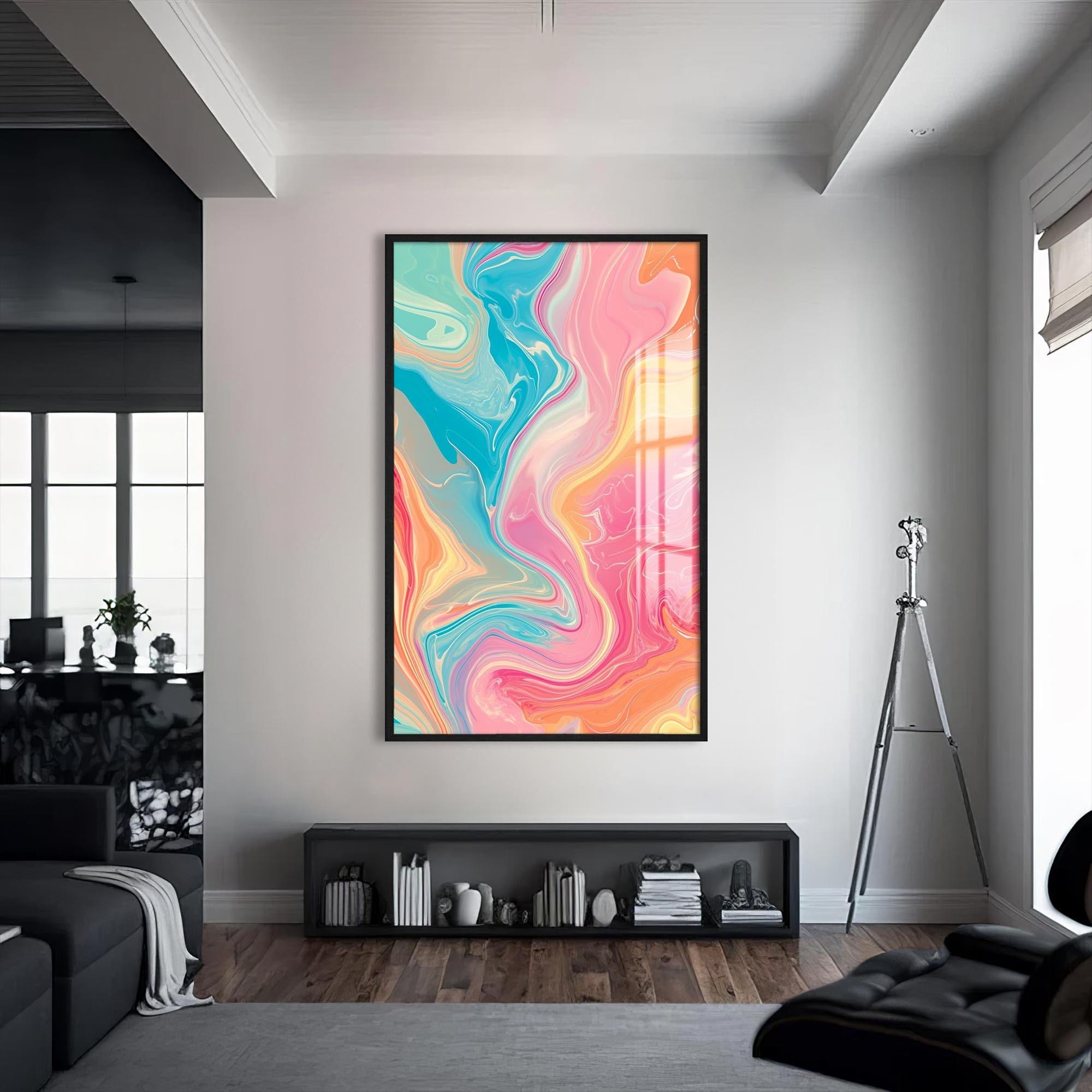 Artronauts Glass Print S | 72x46 cm | 28.3"x18.1" / Black Sunrise Pastel Waves- Abstract Tempered Glass Wall Art