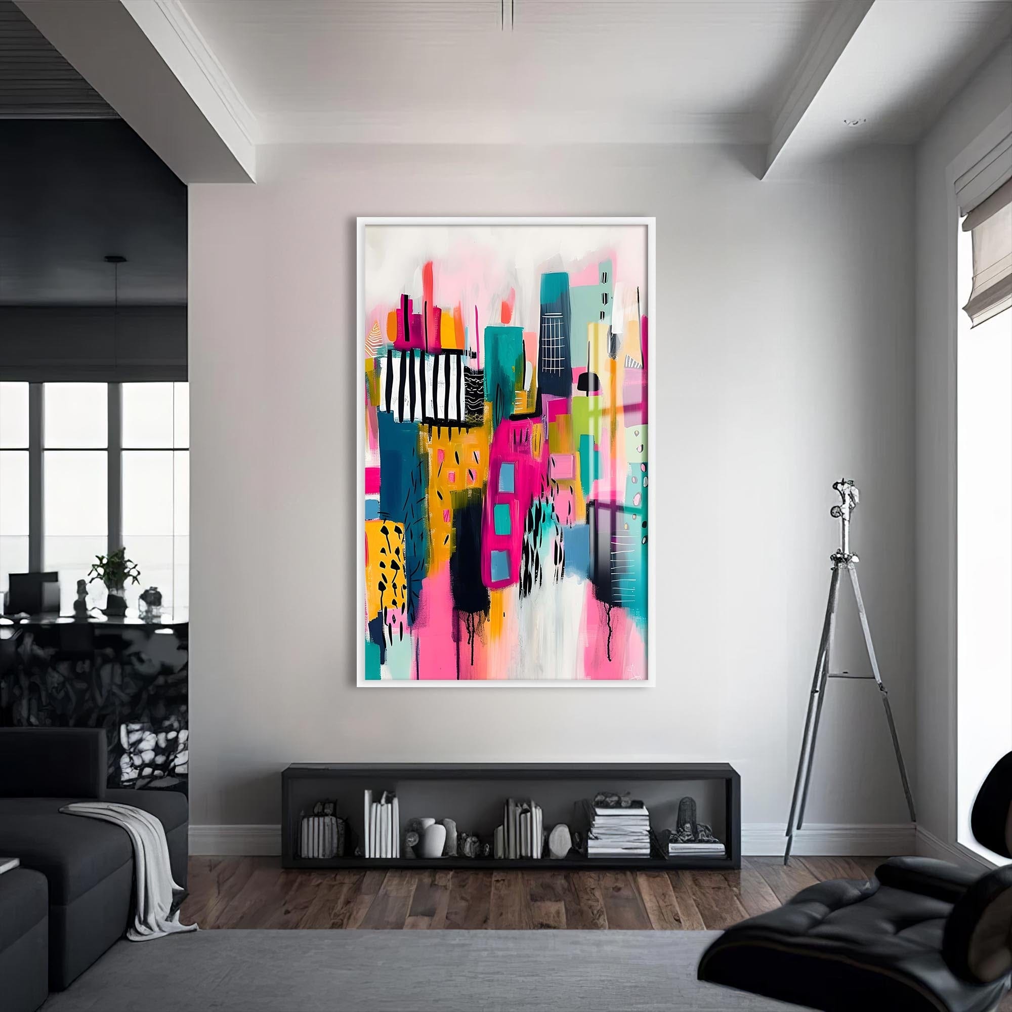 Artronauts Glass Print S | 72x46 cm | 28.3"x18.1" / White Abstract Cityscape- Tempered Glass Wall Art