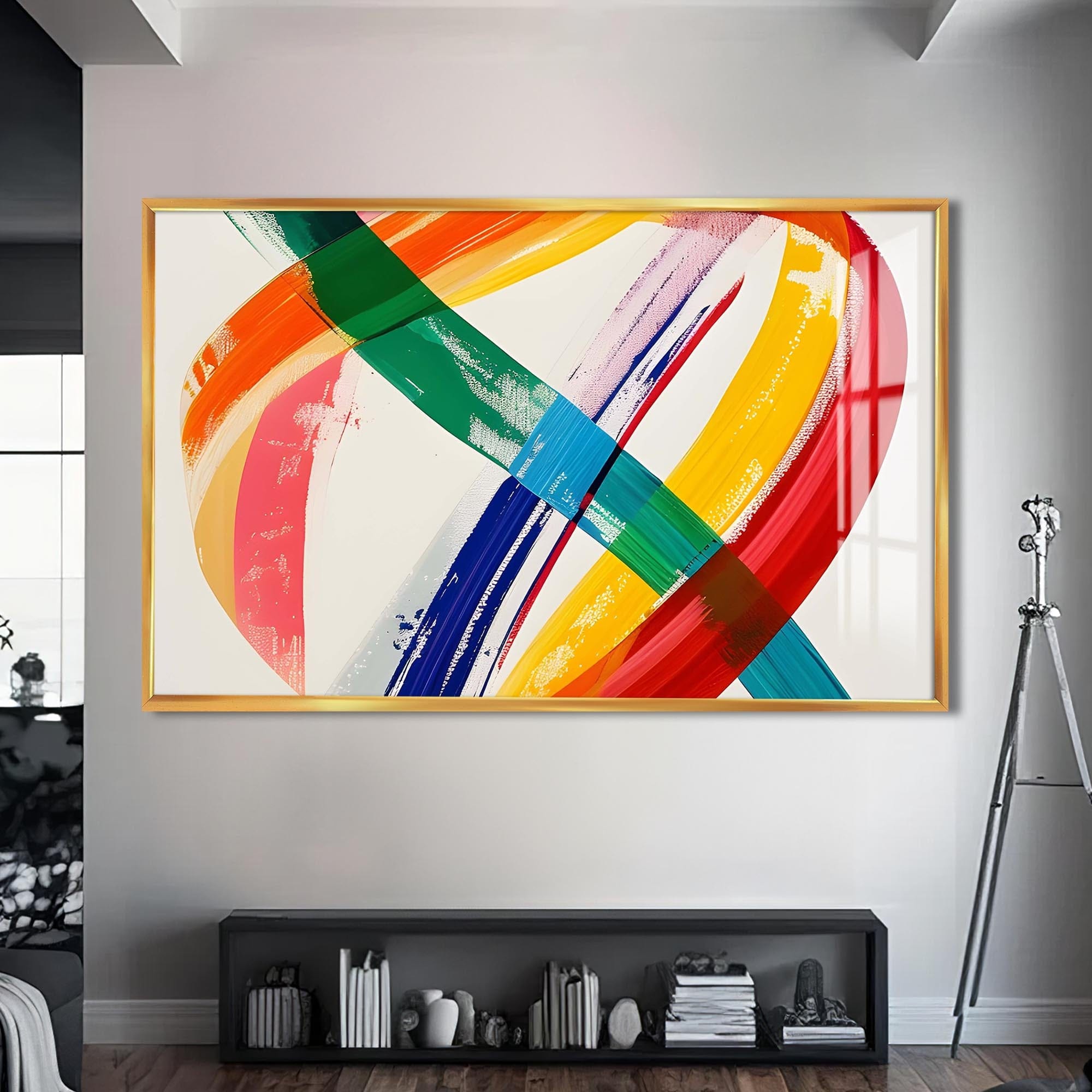 Artronauts Glass Print S | 72x46 cm | 28.3"x18.1" / Gold Multicolour Brush Strokes- Abstract Tempered Glass Wall Art